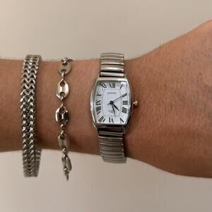 Y2K Silver Roman Numeral Quartz Watch Vintage Style Unisex 8.5" New